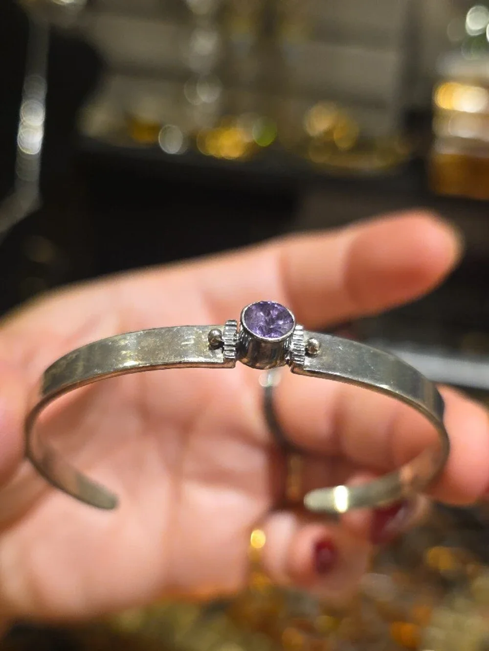 Sterling Silver Bangle Bracelet with Purple Gemstone